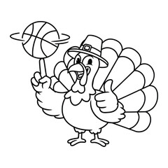 Naklejka premium Cartoon thanksgiving turkey spinning basketball on finger wearing pilgrim hat mascot character sports mascot