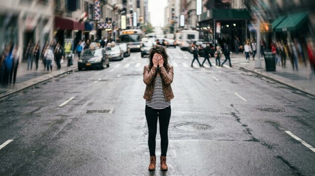 Panic attack in public place. Woman having panic disorder in city. Psychology, solitude, fear or mental health problems concept. herself in a busy urban crowd, mental health with copy space