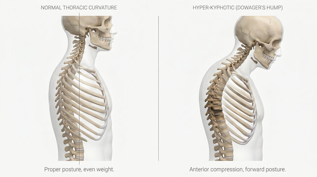 Hyper-Kyphosis Dowager's Hump Spine vs Normal Thoracic Curvature 3D