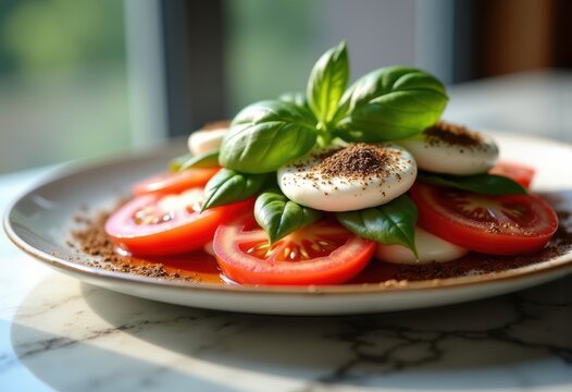 Chic Marble Countertop Caprese Visual Delight with Tomato, Mozzarella, and Basil Harmony