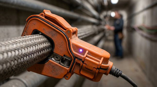 Orange current clamp measuring braided cable with purple light, blurred worker in background in an industrial setting.