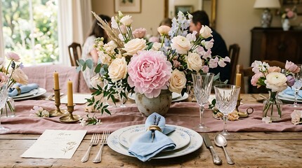 Fototapeta premium Elegant rustic wedding table setting with floral centerpiece