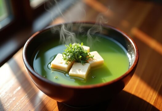 Lacquered Wooden Bowl of Silky Miso Soup Infused with Tofu and Seaweed Colourful Harmony