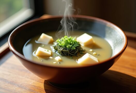 Lacquered Wooden Bowl with Silken Miso Soup Infused Tofu and Seaweed Garnish Deep in Polished Finish