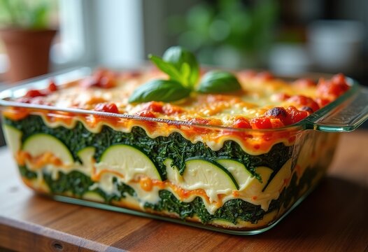 Layered Vegetable Lasagna in Glass Baking Dish with Ricotta Cheese and Colorful Filling