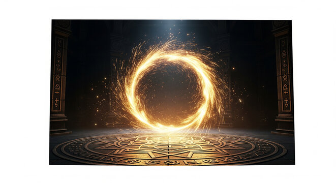 Mystical glowing portal of fire, ancient magic circle with golden sparks, ethereal teleportation gateway in dark stone temple ruins
