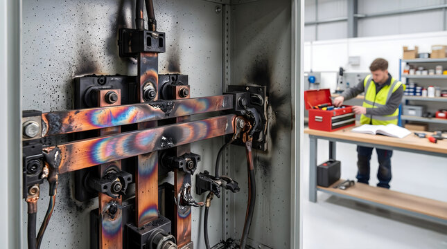 Severely burned copper busbars inside industrial electrical cabinet showing major short circuit damage and soot marks.