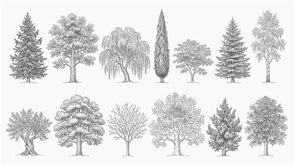 Fototapeta premium Collection of detailed line art trees illustrating various species and growth stages in a natural setting