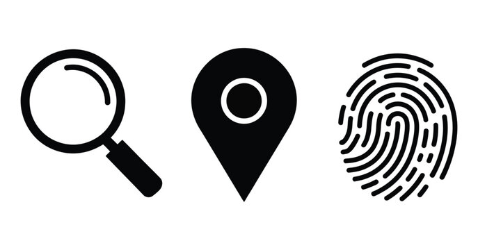 Search location fingerprint identification icons representing secure login, biometric verification, mobile authentication, identity protection, access management, digital security interface elements.