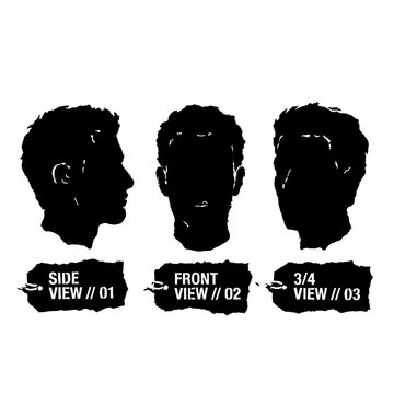 Set of three male head silhouettes showing side front and three quarter views in a grunge style.