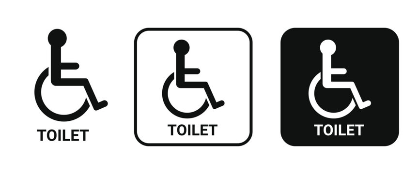 Three black and white wheelchair accessible toilet signs with isolated on transparent background