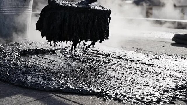 Hot black bitumen is poured and spread with a mop on a flat roof surface. Industrial scene showing waterproofing process with rising steam. Ideal for construction and renovation materials.