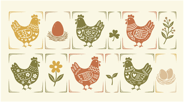 Chicken icons with eggs and plants, illustration, icon set