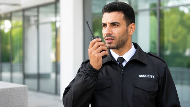 Professional Security Guard Using Walkie Talkie Outside Modern Building