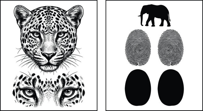 Detailed vector illustration set featuring vintage engraved leopard head and eyes alongside black silhouettes of an elephant thumbprint loops and oval shapes on white background