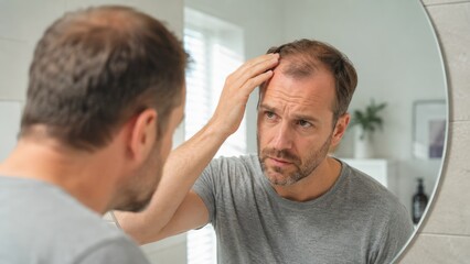 Fototapeta premium Concerned Middle Aged Man Checking Hair Loss in Bathroom Mirror