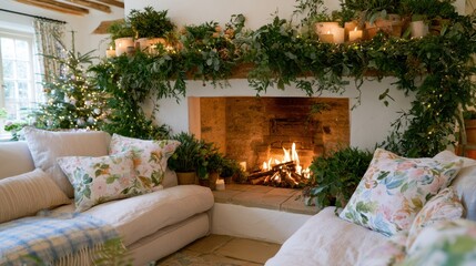 Fototapeta premium Cozy Christmas living room with fireplace, Christmas tree, and festive greenery