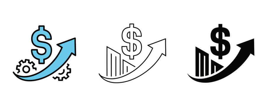 Dollar profit increase and sales automation icon vector set, financial growth symbols with currency, upward charts, and automated business process icons for analytics, CRM, and digital marketing syste