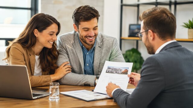 Happy young couple meeting with financial advisor and reviewing home purchase documents in modern office