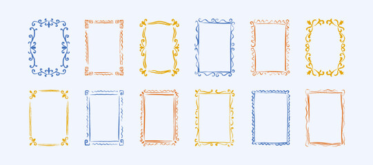 Set of hand drawn crayon doodle frames for Italian wedding invitation, French restaurant menu, girly birthday card, bachelorette party. Greek Mediterranean boarder. Whimsical coquettish sketch border © Kseniia