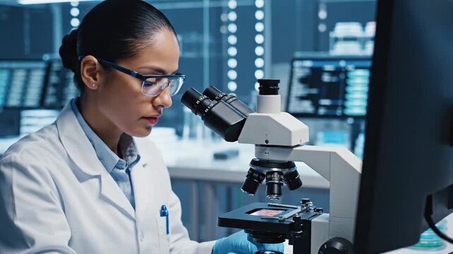 Scientist in lab coat examines sample under microscope research study