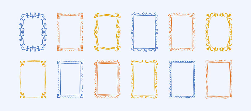 Set of hand drawn crayon doodle frames for Italian wedding invitation, French restaurant menu, girly birthday card, bachelorette party. Greek Mediterranean boarder. Whimsical coquettish sketch border