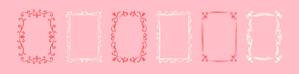Hand drawn crayon doodle little princess style border set. Girly mirror frame. Kid picture, photo, painting cute frame. Victorian baroque flourish background. Whimsical wedding, birthday boarder © Kseniia