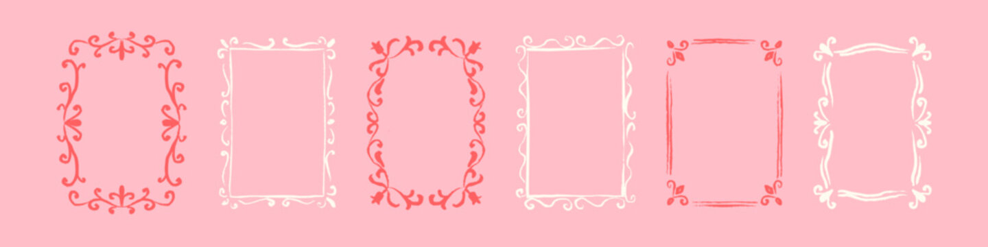Hand drawn crayon doodle little princess style border set. Girly mirror frame. Kid picture, photo, painting cute frame. Victorian baroque flourish background. Whimsical wedding, birthday boarder