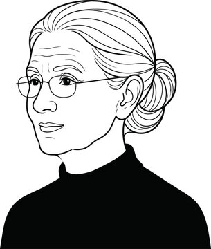 Elderly woman with eyeglasses and hair bun, senior grandmother portrait and mature lady avatar line art vector