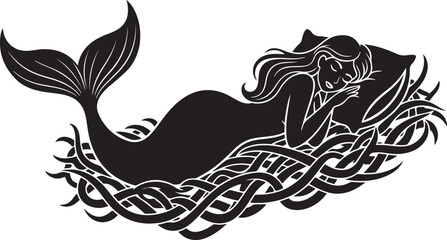 Fototapeta premium Mermaid lying on waves with long hair and tail fins swimming in ocean water