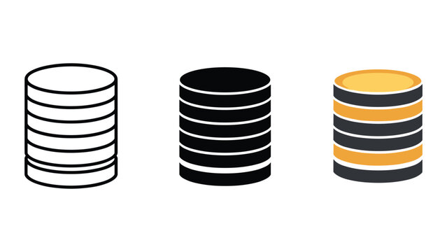 Coin stack currency icons in line art solid and gold flat vector styles for financial savings and banking investment growth