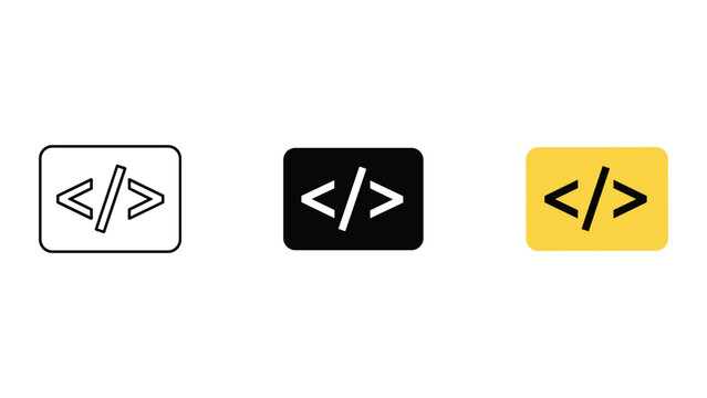 Programming code bracket icons in line art solid and yellow flat vector styles for software development and coding interfaces