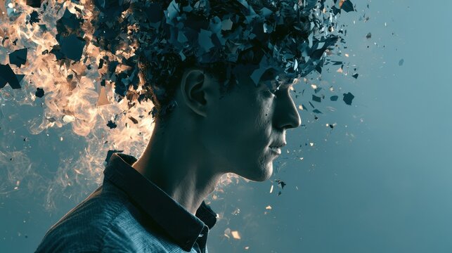 Man's head exploding into fragments and fire, symbolizing mental breakdown
