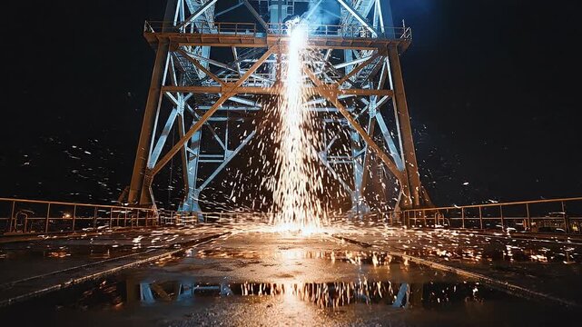 Bright sparks fall from a high industrial structure at night onto wet ground. Intense labor and heavy industry under darkness with dramatic lighting. Use for construction or engineering projects.
