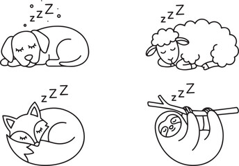 Fototapeta premium Minimalist black outline vector icon set featuring sleeping animals including a cute puppy dog curly sheep fluffy fox and hanging sloth