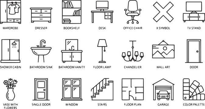 Minimalist black line icon set of architectural interior design and home furniture elements featuring wardrobe desk floor plan window and garage