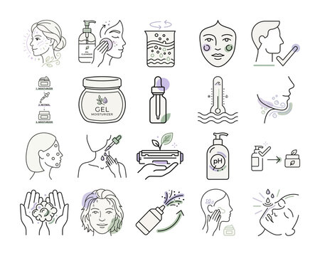 Line art face care routine tutorial icons or Skincare steps simple line icons cleanser toner serum moisturizer