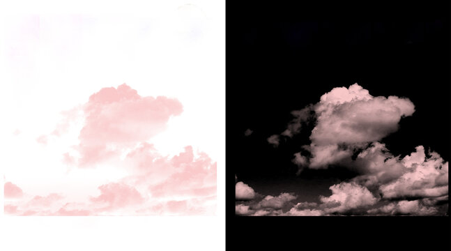 Pink fluffy clouds on transparent background, soft pastel cloudscape with alpha channel, dreamy cotton candy sky elements for digital compositing