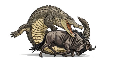 Fototapeta premium Crocodile Snarling Aggressive Pose Isolated Line Art Illustration