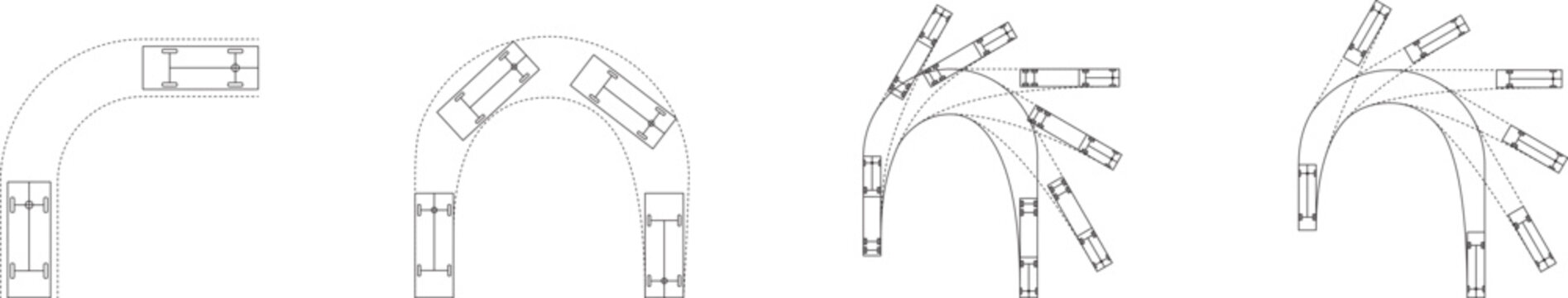 Vehicle turning path, blueprint, traffic circulation, floor plan, editable stroke, vector