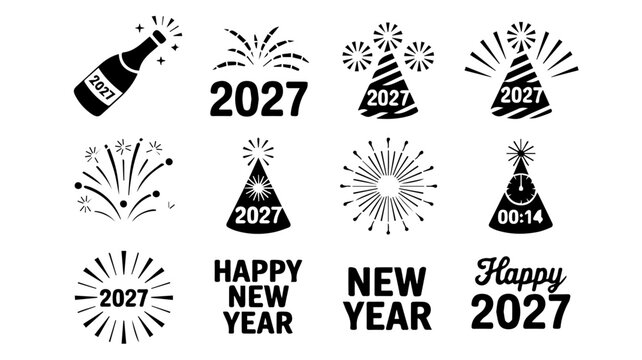 Happy New Year 2027 vector icon set, black and white celebration graphics with fireworks and champagne, festive party hat and holiday typography