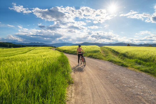 Woman riding mountain bike on dirt road through green wheat fields at sunset in Slovenia. Female cyclist cycling in countryside landscape and sunny sky. Summer outdoor activity, fitness. Girl on bike