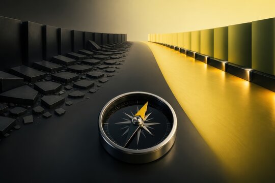 3D compass on a split dark and gold pathway symbolizing direction choice and strategic navigation