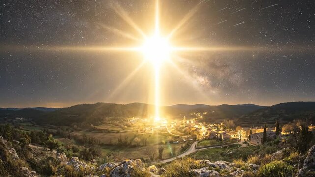 Bright star shines over small village at night. The Nativity star appears in the sky above the town. Biblical miracle event representing the birth of Jesus Christ.
