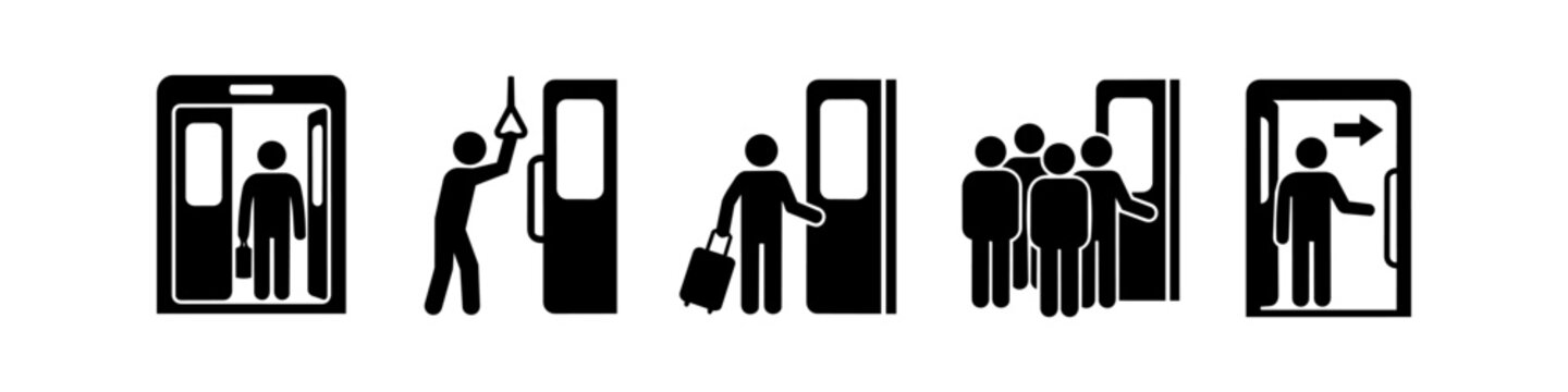 A set of black vector icons depicting various subway and train commuting scenarios, including passengers boarding, waiting, and traveling in crowded cars. Perfect for transit signage and apps.