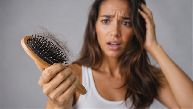 Concerned young woman holding a wooden hairbrush with a clump of fallen hair, representing female hair loss, thinning, and alopecia health problems.