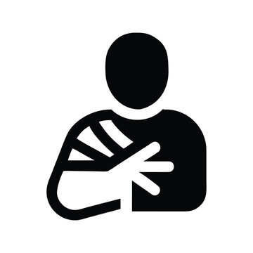 Generic icon symbolizing a person with an injured arm, depicting a broken bodypart requiring medical attention and a period of recovery