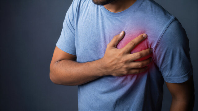 Young man suffering from severe chest pain and heart attack, clutching his chest with hand on red highlighted area, concept of cardiology, medical emergency, and health problems.