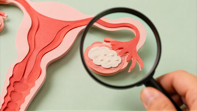 Medical diagnosis concept with magnifying glass examining a paper art model of female reproductive system, focusing on ovary health, gynecology, and women's wellness awareness.