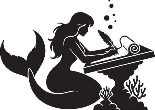 Mermaid writing on scroll underwater with coral reef sea creatures